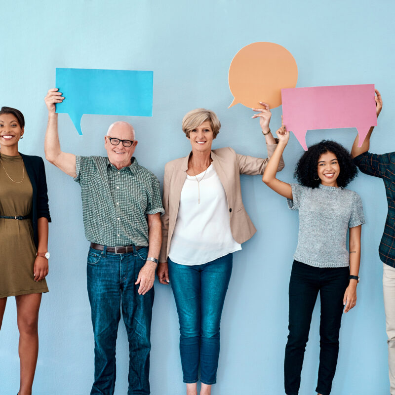 people holding thought bubbles - health plan member experience