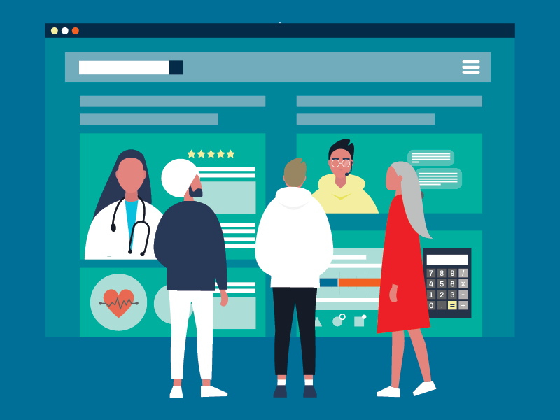 Illustration of patients interacting with health plan website